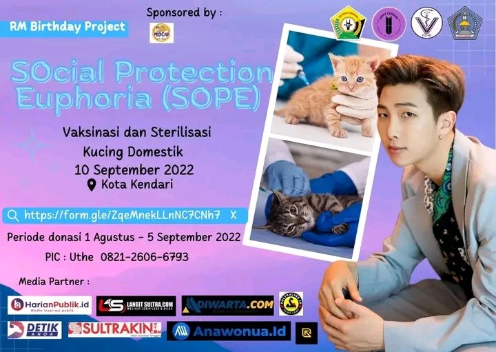 ArmyKendari's tweet photo. Hi MY!
Dalam rangka merayakan Ultah Kim Namjoon (RM), Army Kendari akan mengadakan project vaksinasi &amp; sterilisasi kucing domestik bersama Perhimpunan Dokter Hewan Indonesia Dinas Peternakan Kota Kendari &amp; Dinas Peternakan Provinsi Sultra.
Link Donasi ..👇
https://t.co/qGl3DWxRpg https://t.co/x1CUqCHiDF