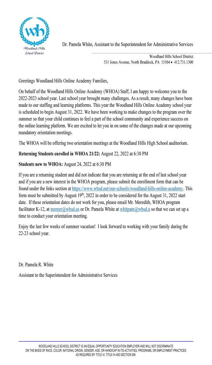 Welcome Back Letter For Woodland Hills Online Academy Students