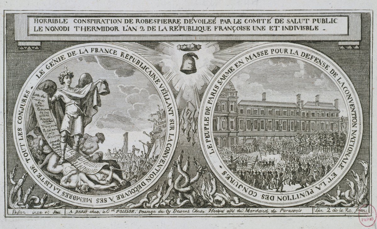 Celebration of 9 Thermidor, featuring a winged genius representing the republic, holding a death sentence for the 'triumvirs' Robespierre, Saint-Just, and Couthon (Michel Poisson, 1794)