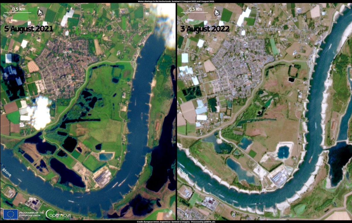 lapperre's tweet image. Ook vanuit de ruimte is de lage waterstand in de Waal bij Nijmegen goed te zien, zeker in vergelijking met vorig jaar. 📷 #Sentinel2 🛰️⤵️