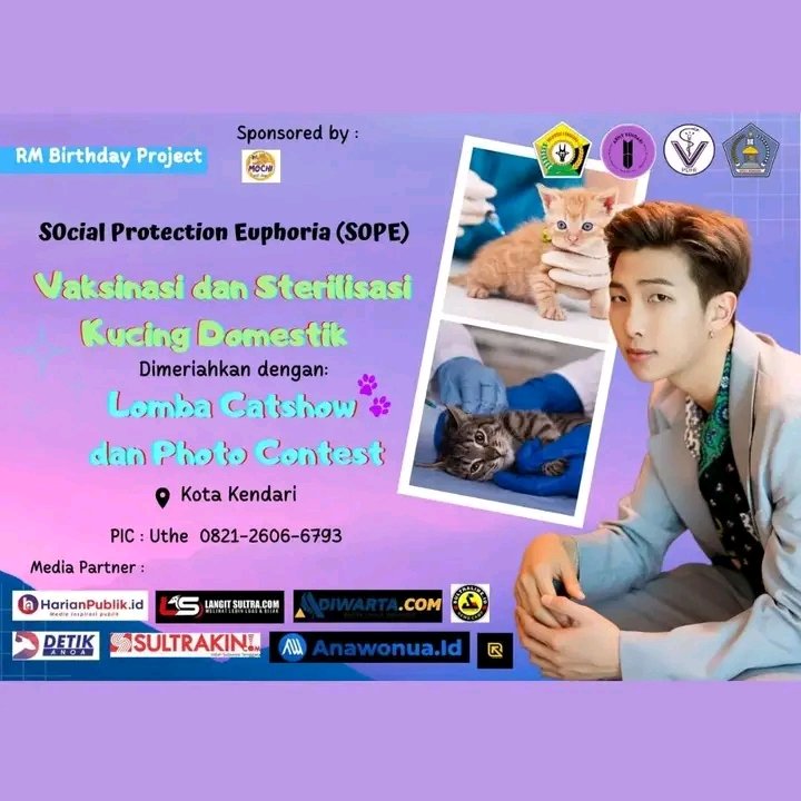 ArmyKendari's tweet photo. Rayakan Birthday Namjoon bersama Meow🐱

Ayo Gabung‼️
Ajak kucingmu ikut Catshow dan Photo Contest✨
More info bisa hunungi nomor yang tertera yah My 💜

#armykendari #armykendariofficial #kimnamjoon #RM https://t.co/fxh64nZkle