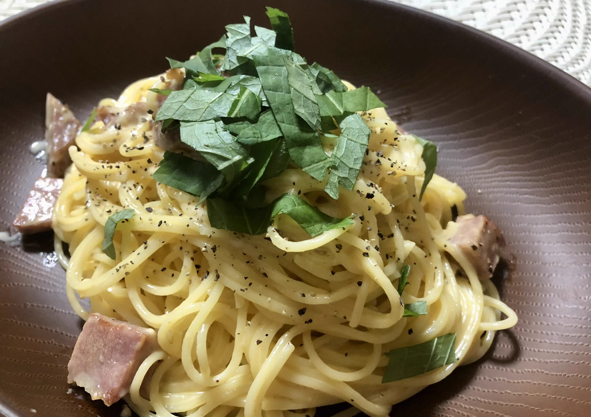 和風カルボナーラパスタ！🍴
大葉の細切りが要課題💦
お味は美味しく出来たと思います！✨  