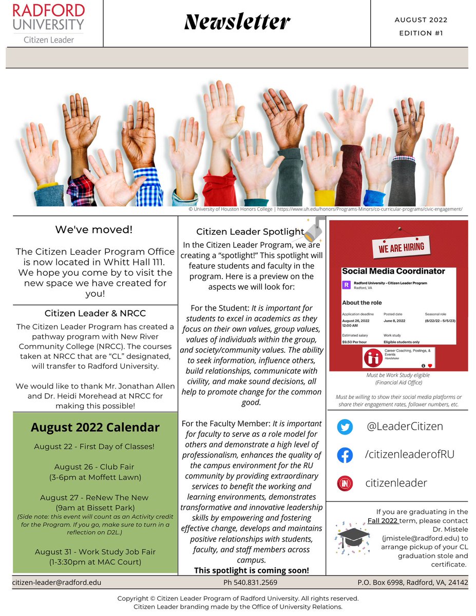 LeaderCitizen's tweet photo. The first Citizen Leader Program newsletter! (Aug 2022 edition) #citizenleader #radfordu @radfordu https://t.co/vPK8SNiTOy