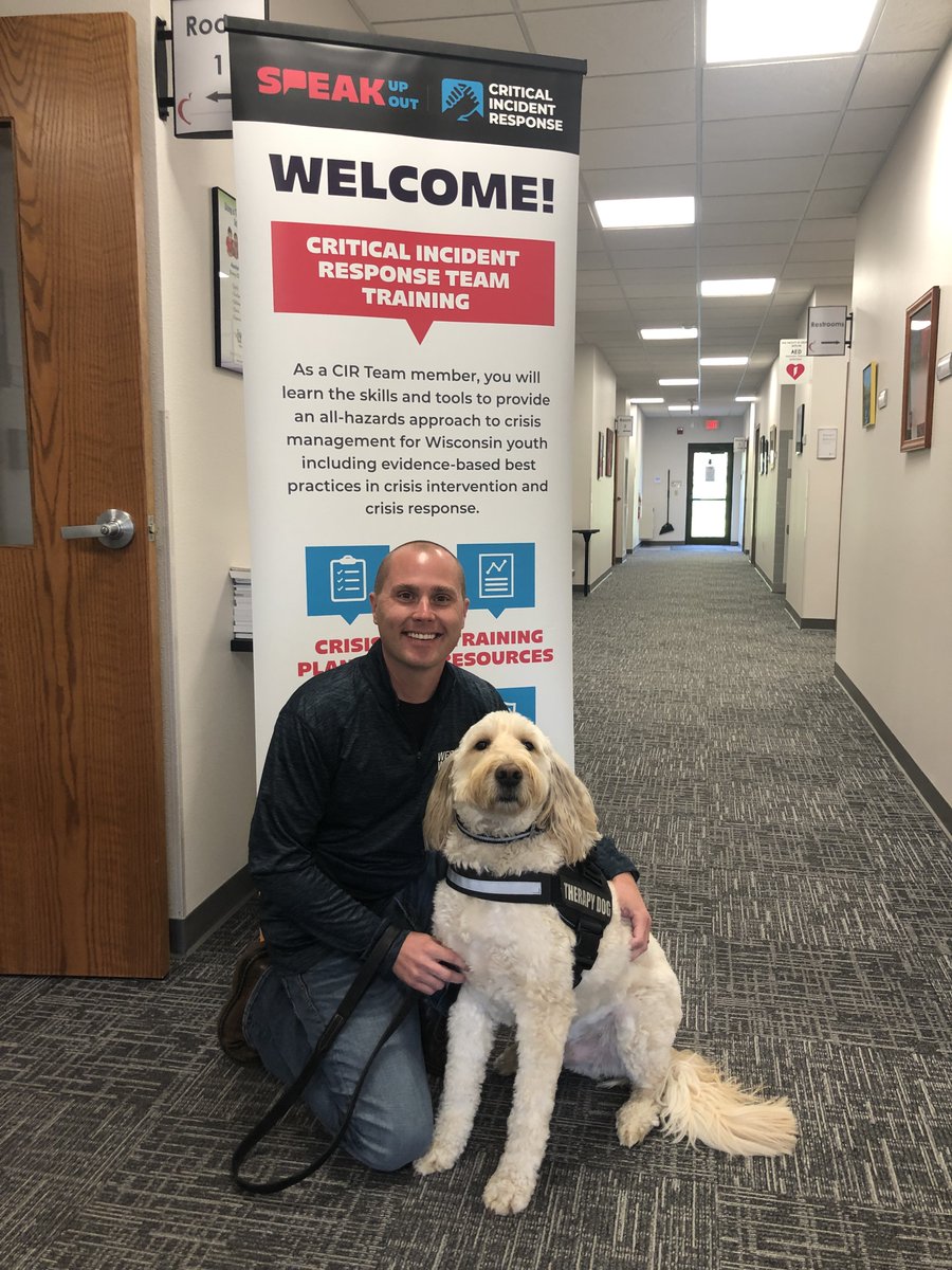 CESA9's tweet image. This week we are honored to be the hosting side for the Wisconsin Department of Justice while they are doing their Critical Incident Response Team Training! We took the opportunity to get a snap of some of the special guests, officer Jeff Schremp and Theo!