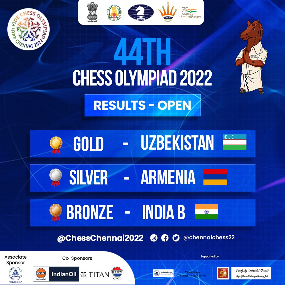 Sportstar on X: 44TH CHESS OLYMPIAD INDIA B WINS BRONZE IN THE OPEN  CATEGORY Overall results (open category): Uzbekistan 🥇 Armenia 🥈 India B  🥉 #chess #ChessOlympiad  / X