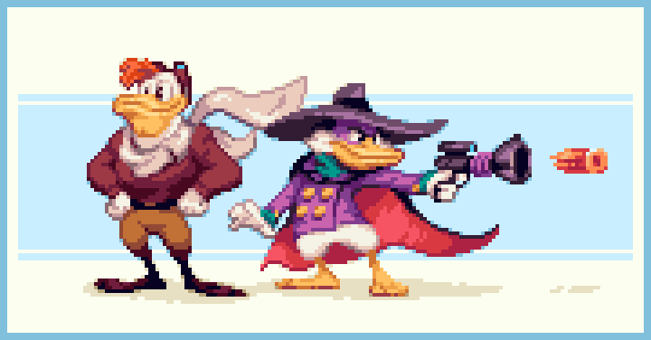 “Let's get dangerous.”🎶
Darkwing Duck and Launchpad McQuack

#pixelart #pixelartist #ドット絵 #像素艺术 #픽셀아트 <a href="/DuckTales/">DuckTales</a> <a href="/DisneyTVA/">Disney TVA</a> <a href="/DisneyChannel/">Disney Channel</a> #darkwingduck #DuckTales  #cartoon #digitalart