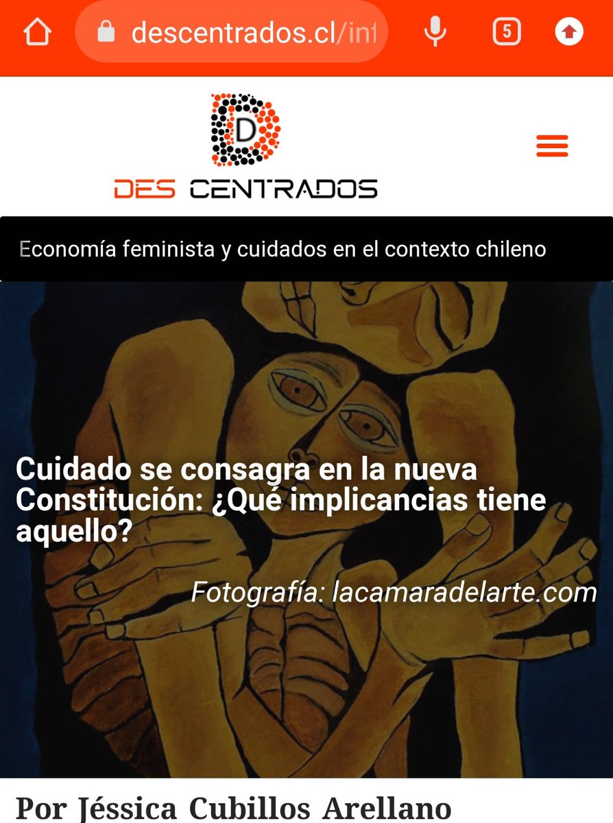 Hace un par de semanas recibí la invitación para escribir una columna sobre los #Cuidados en la revista <a href="/revdescentrados/">Revista Digital Descentrados</a> 👏
Fue bonito asumir este desafío,
les invito a leer el artículo, y bueno no solo el escrito por mi, sino las otras publicaciones realizadas por mujeres 💜✊🏻.