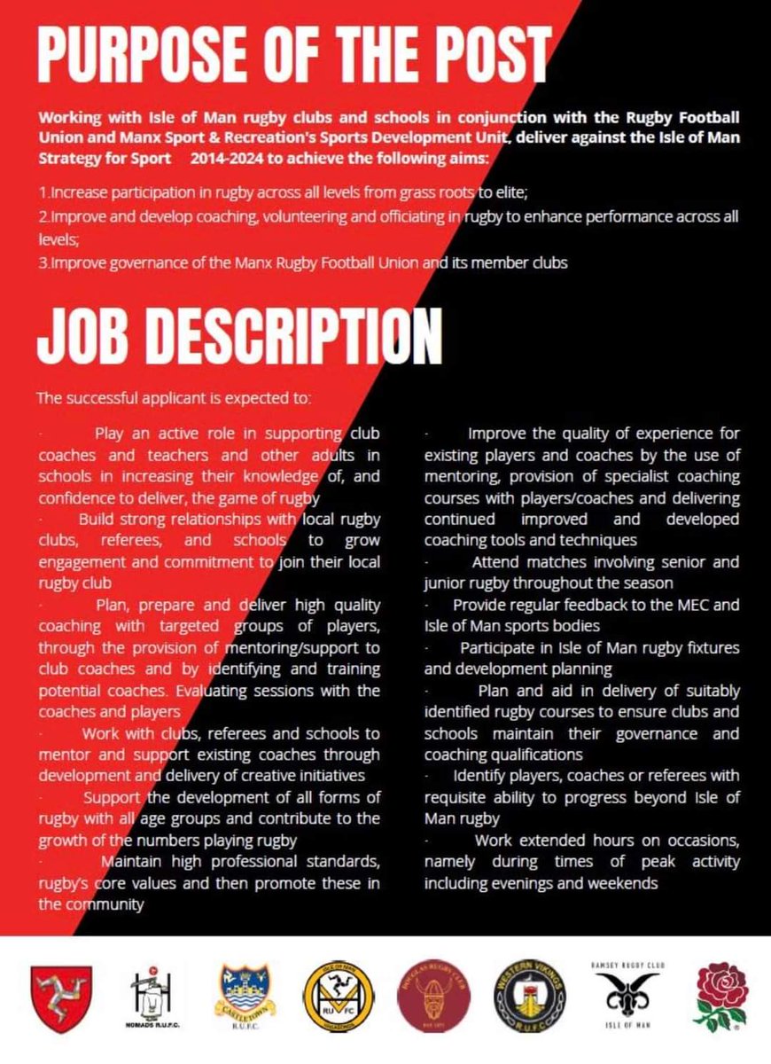 NomadsRUFC's tweet image. Interested in Rugby? 

The Manx RFU are seeking a Rugby Development Officer to make a difference in the sporting community on the Island. See the attachments for further details on the role and how to apply! 🏉🇮🇲

#rugby #rugbydevelopment #developmentofficer #rugbycommunity