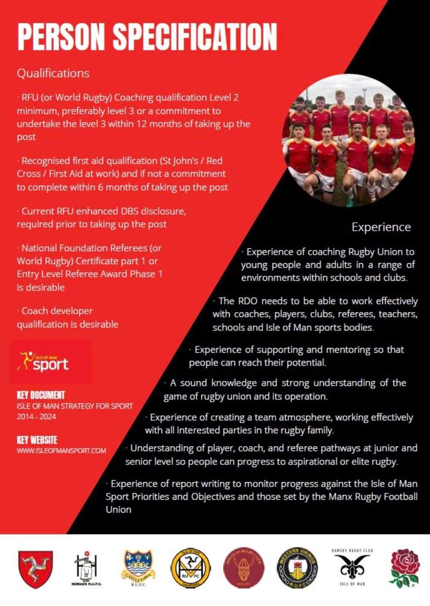 NomadsRUFC's tweet image. Interested in Rugby? 

The Manx RFU are seeking a Rugby Development Officer to make a difference in the sporting community on the Island. See the attachments for further details on the role and how to apply! 🏉🇮🇲

#rugby #rugbydevelopment #developmentofficer #rugbycommunity