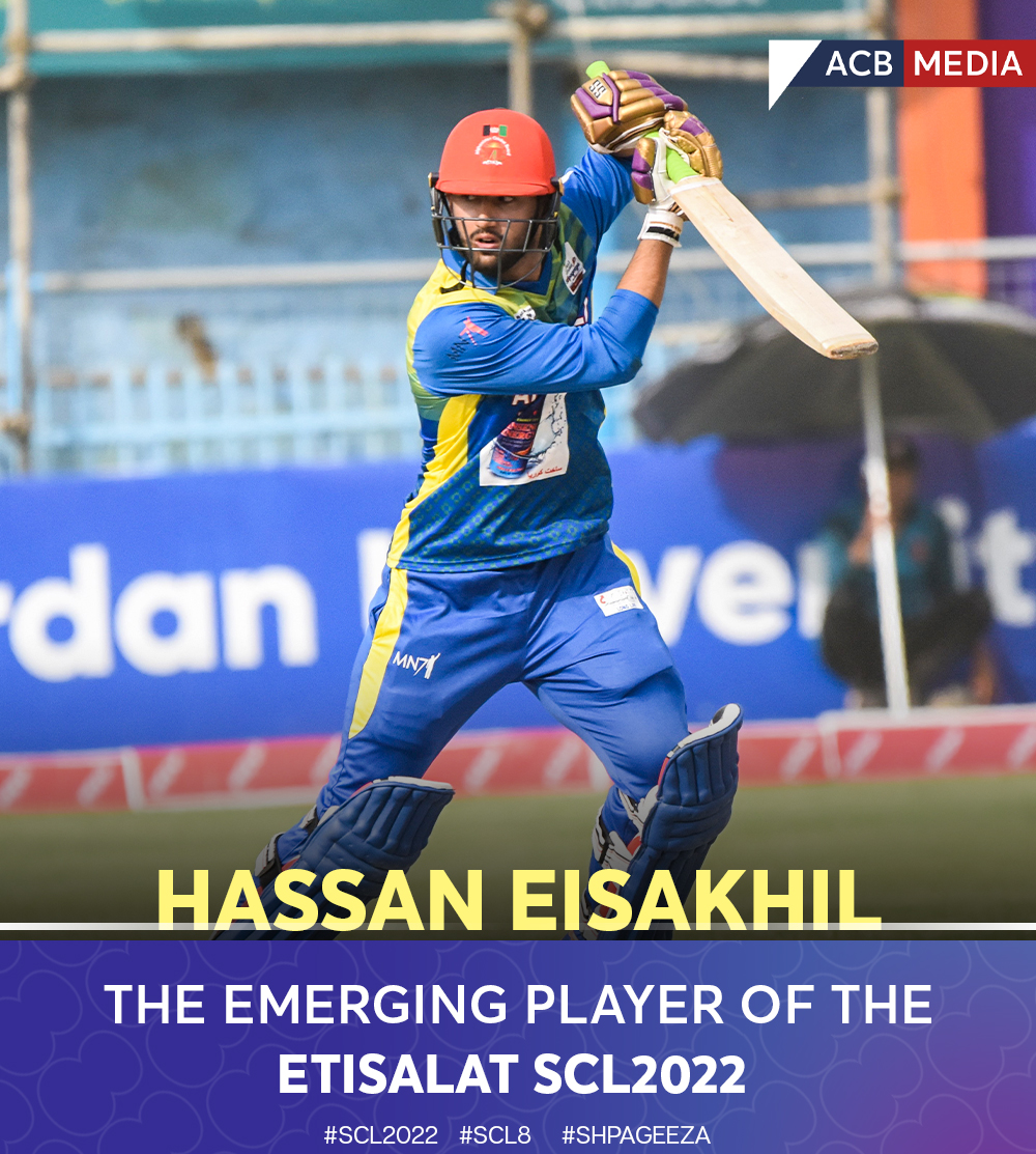 AcbDomestic's tweet photo. .@HassanEisakhail (Bost Defenders) was awarded the Emerging Player of the SCL2022 for his impressive batting in his debut SCL season. He scored 214 runs in 8 innings at 35.66 with 2 half-centuries to his name.
#SCL2022 | #SCL8 | #Shpageeza https://t.co/uiIr6c0X3p