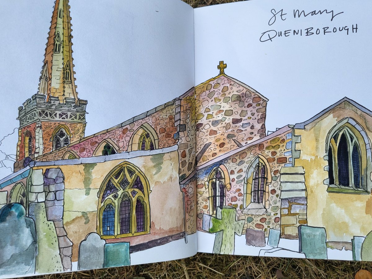 A bit closer up.  Nice to have some bare walls as a contrast and there are so many gravestones... I feel like I've been sitting amongst a crowd here on my own.  #stmaryschurch #queniborough #hayleydrawschurches #leicscofe #drawingchurches #cemetery #artpilgrimage #christianart