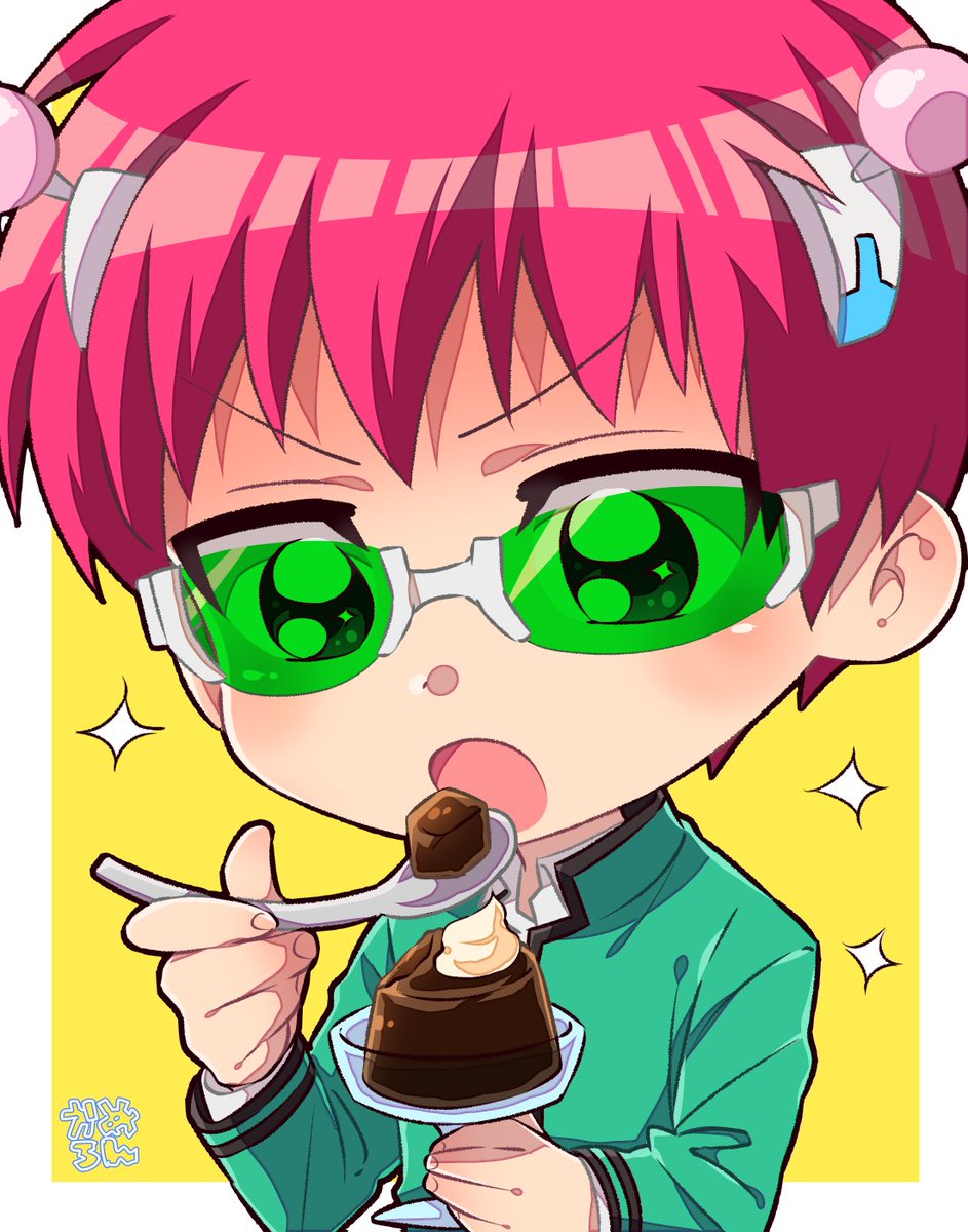 male focus 1boy solo food spoon green eyes pink hair  illustration images