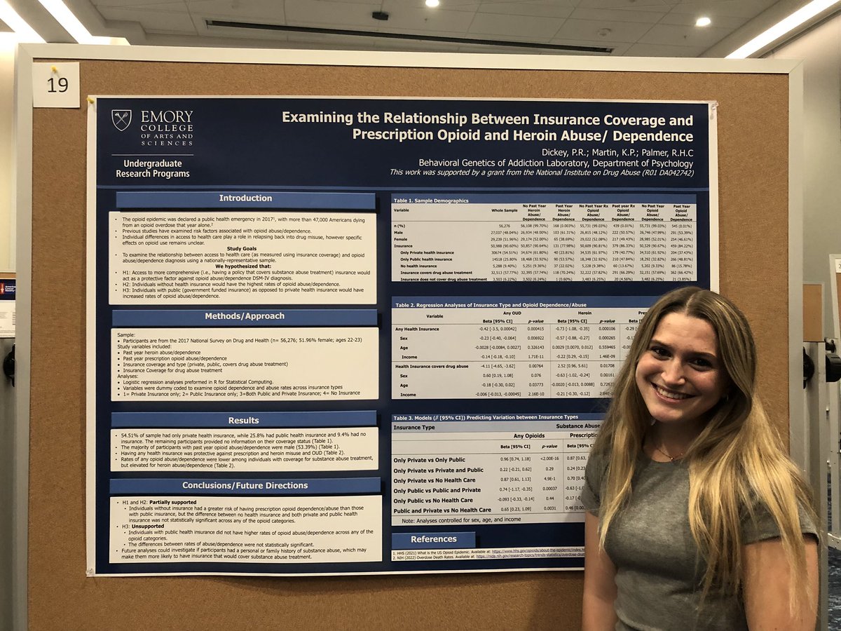 Page did an excellent job on her poster presentation last week! Along with grad student Katie Martin and <a href="/palmer_rhc/">Rohan H C Palmer, PhD</a>, she investigated the relations between insurance coverage and opioid use. <a href="/EmoryPsychology/">Emory Psychology</a> <a href="/EmoryUniversity/">Emory University</a>
