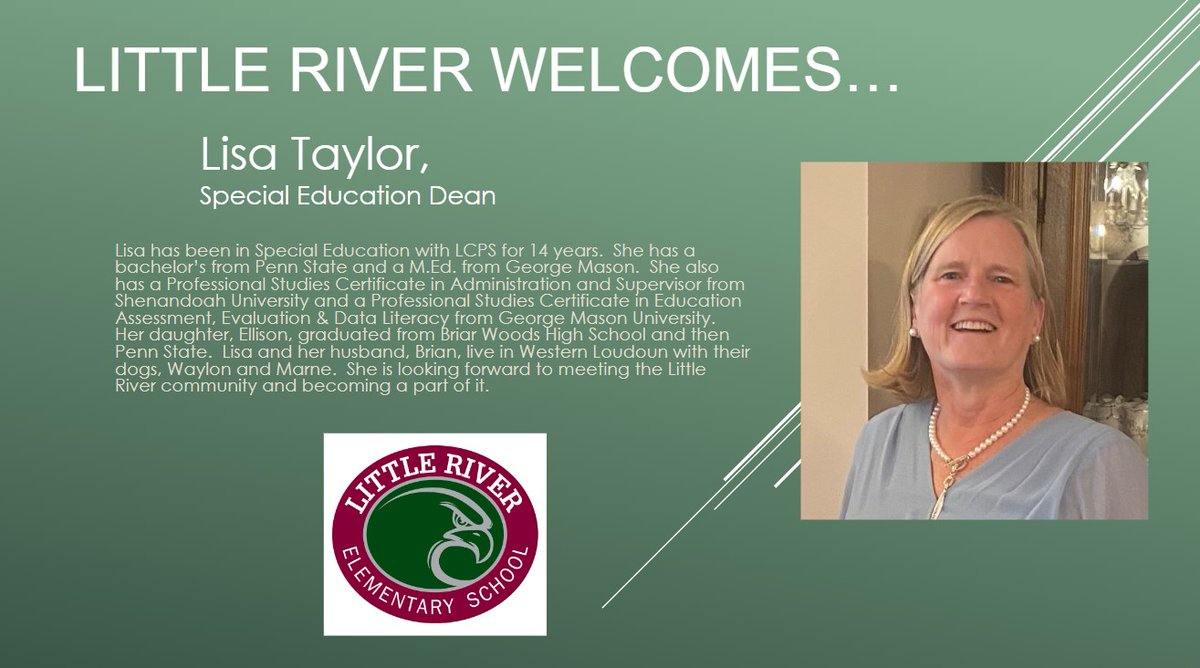 We are very excited to introduce our new Special Education Dean Lisa Taylor!!!  Welcome to <a href="/LittleRiverLCPS/">Little River ES</a>.  #LRelem