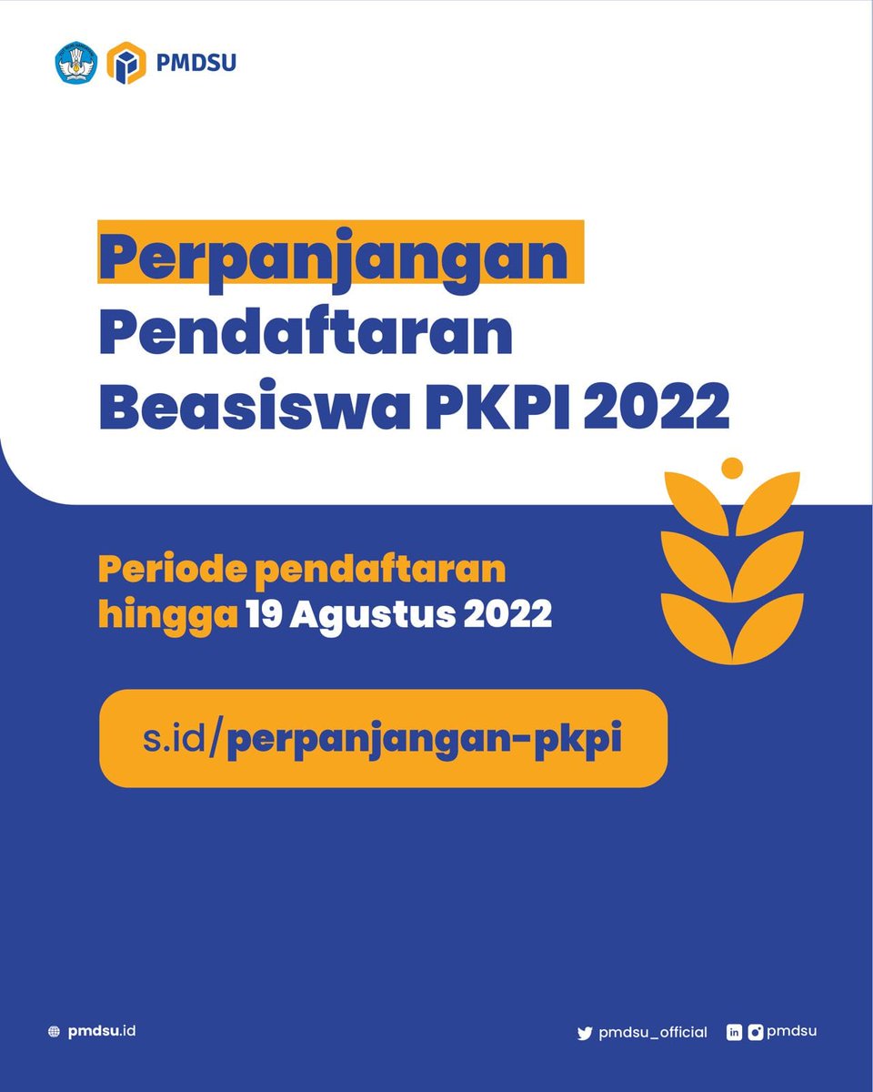 Kabar gembira #DoktorMuda!

Pendaftaran beasiswa #PKPI #PMDSU tahun 2022 diperpanjaang hingga 19 Agustus 2022.

Link pendaftaran: beasiswadosen.kemdikbud.go.id/z

Daftar boleh ketinggalan, tapi jangan sampe hilang harapan.

#Beasiswa #Kemdikbud #FastTrack #ManagemenTalenta #DitjenDikti