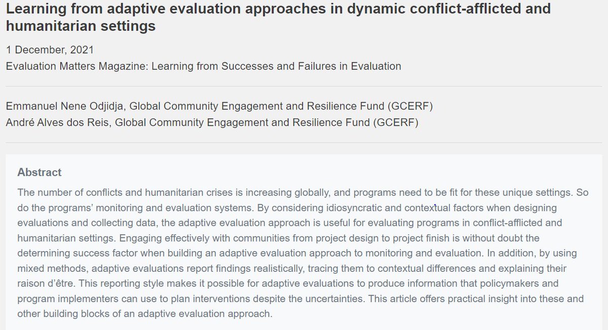 theGCERF's tweet photo. 🖋️  How to evaluate programmes in dynamic conflict-afflicted and humanitarian settings? Read an article on adaptive evaluation approaches by GCERF performance &amp; impact colleagues @AndreAR1025 &amp; @eodjidja. 

Read at https://t.co/Zdt0XW35Vz https://t.co/LcpNQKyp34
