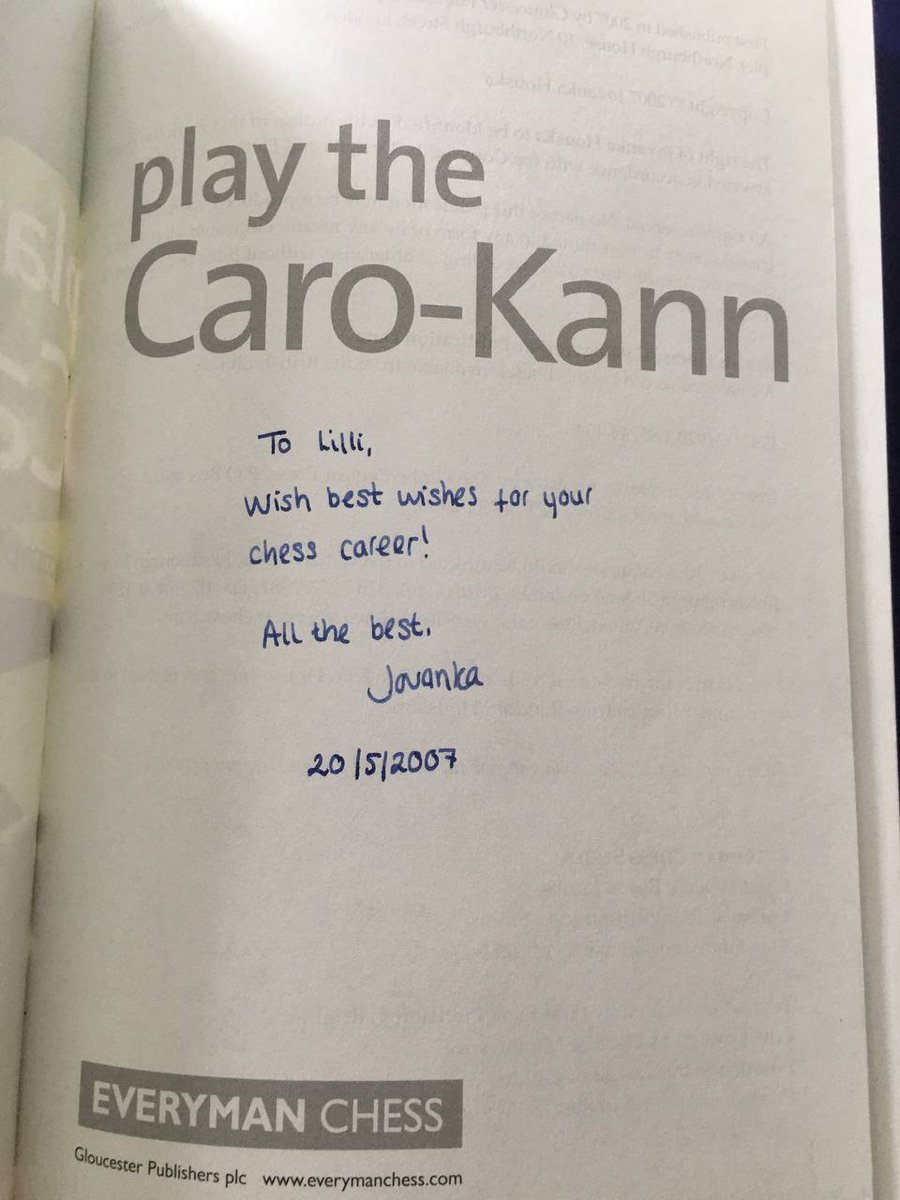 Lilli Hahn (@lillihahn11) on Twitter photo Role models matter! When visiting family and looking through stuff in my old room, I found a book with a personal dedication from the <a href="/thelittlehat/">Jovanka Houska</a> which I got as a gift from my chess coach when I was a teenager. Loved it back then and still playing 15 years on :) #womeninchess Role models matter! When visiting family and looking through stuff in my old room, I found a book with a personal dedication from the <a href="/thelittlehat/">Jovanka Houska</a> which I got as a gift from my chess coach when I was a teenager. Loved it back then and still playing 15 years on :) #womeninchess