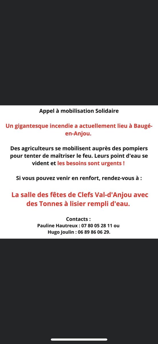 Urgence #incendie🚨 
Appel à mobilisation d’engins agricoles en appui des pompiers <a href="/SDIS_49/">Sapeurs-pompiers de Maine-et-Loire - SDIS 49</a> sur le feu de Clefs-Val d’Anjou