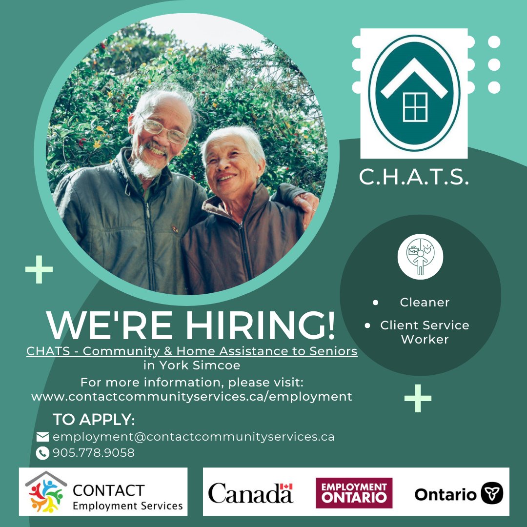 EmployContact's tweet photo. NOW HIRING! C.H.A.T.S. is hiring:

CLEANER -
https://t.co/disiqwtE77

CLIENT SERVICE WORKER - 
https://t.co/jtcXufu4GG

To apply, email: employment@contactcommunityservices.ca or call 905-778-9058.

For more information, visit our website:
https://t.co/m5uDBfInhV https://t.co/z0TyiIAjuX