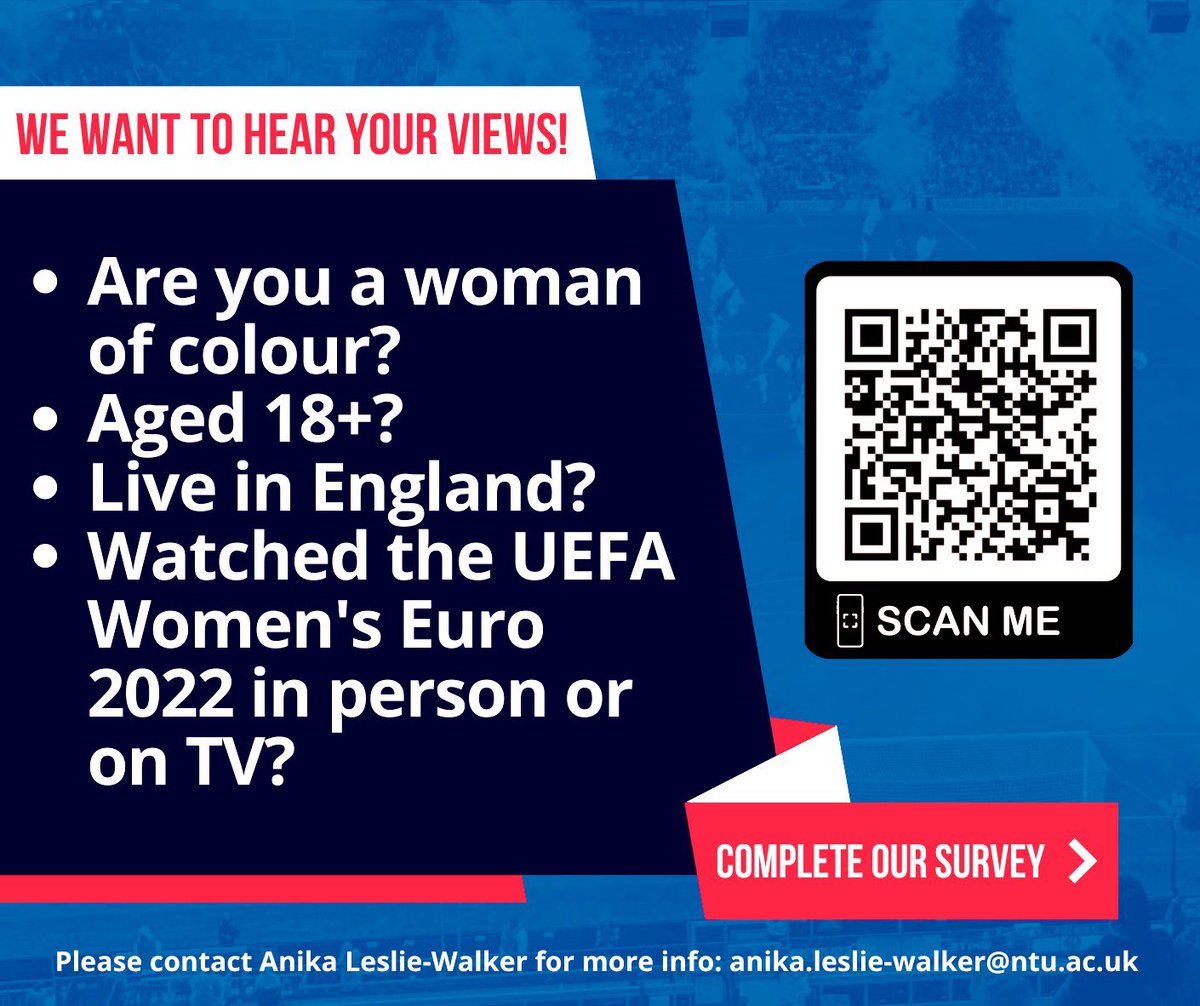 Zuleikha Chikh (@zuleikhachikh) on Twitter photo Are you a woman of colour, aged 18+, live in England and watched the UEFA Women’s Euro 2022 in person or on TV?
Get involved and share your experiences in <a href="/AnikaLWalker1/">Anika Leslie-Walker</a> study & share 🗣
🔗 mmu.eu.qualtrics.com/jfe/form/SV_54… Are you a woman of colour, aged 18+, live in England and watched the UEFA Women’s Euro 2022 in person or on TV?
Get involved and share your experiences in <a href="/AnikaLWalker1/">Anika Leslie-Walker</a> study & share 🗣
🔗 mmu.eu.qualtrics.com/jfe/form/SV_54…