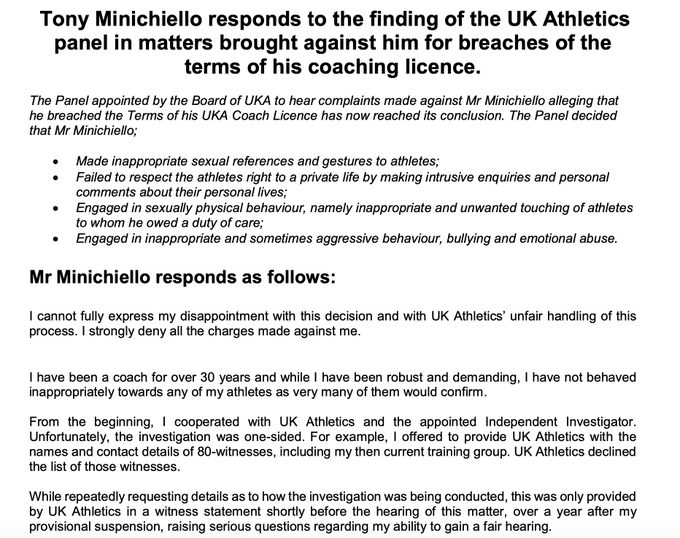 Athletics coach Toni Minichiello given life ban over sexually inappropriate  conduct | ITV News
