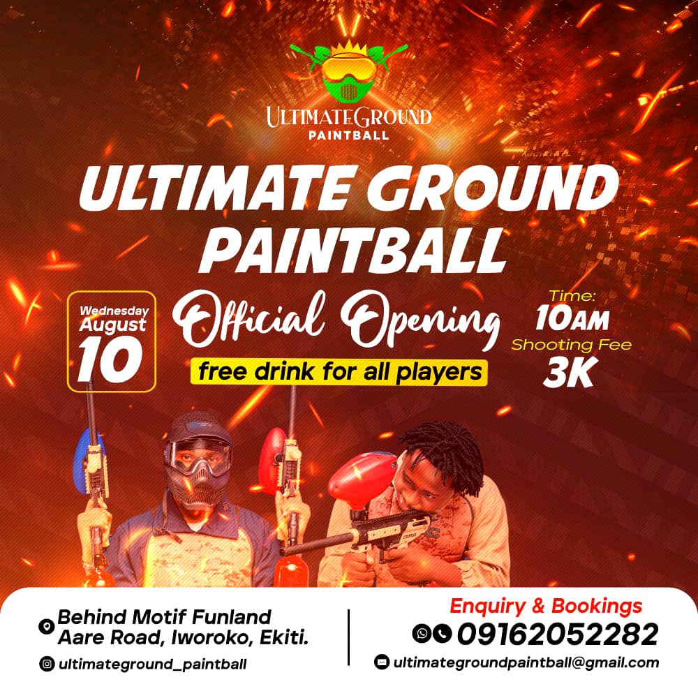 It's Paintballing 0:Clock.

⌛ Official Opening on Wednesday,10th Aug 2022 ☎️ Bookings And Enquiries, Call : 09162052282.
________________________________
📍 Behind Motif Funland,
Aare Road, Iworoko
 🎯 Come  And Test Your Shooting Skills At The Paintball Arena.