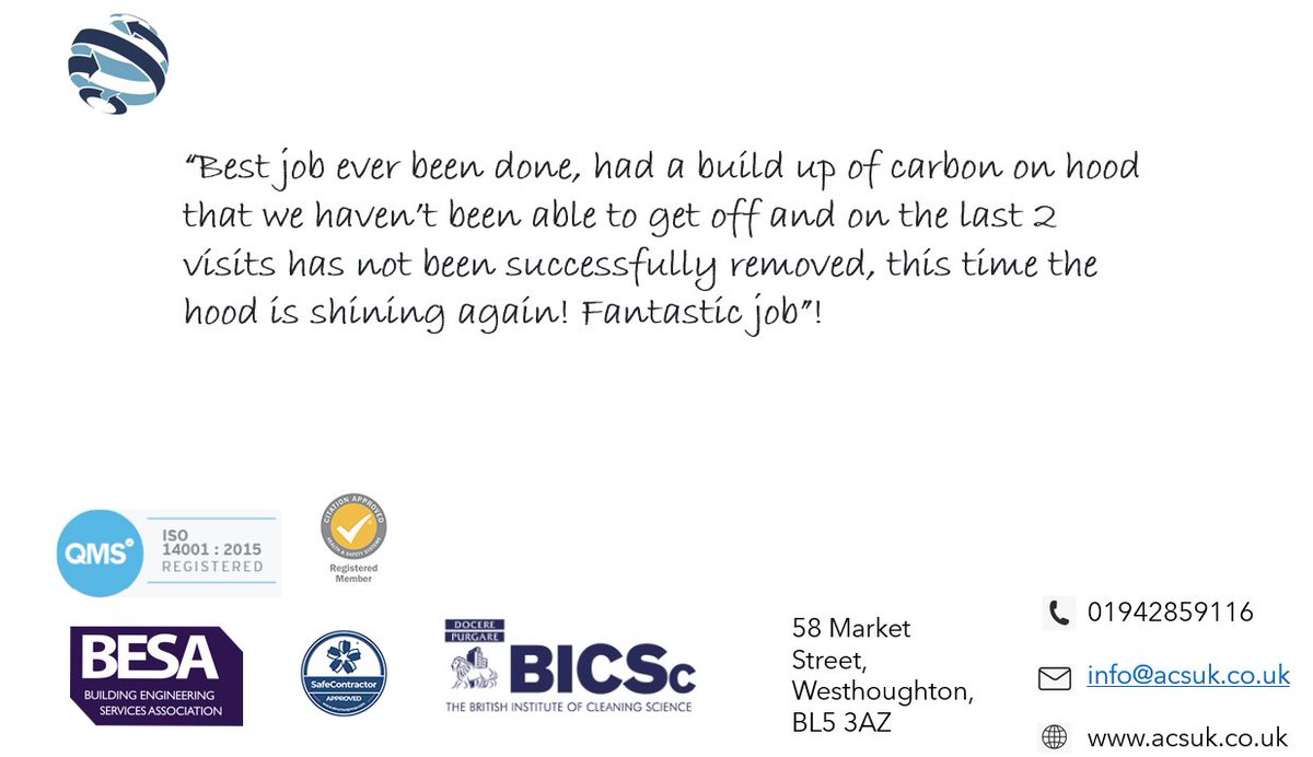 ACSUK_Co_Ltd's tweet photo. Here at ACSUK we get results like no other business and you can tell by our consistent fantastic 5* reviews!
#deepcleaning #industrialcleaning #commercialcleaning #ductcleaning #ventilationcleaning #restarauntcleaning #kitchencleaning #kitchenextraction #northwest #manchester https://t.co/KJQ3DIlt7M