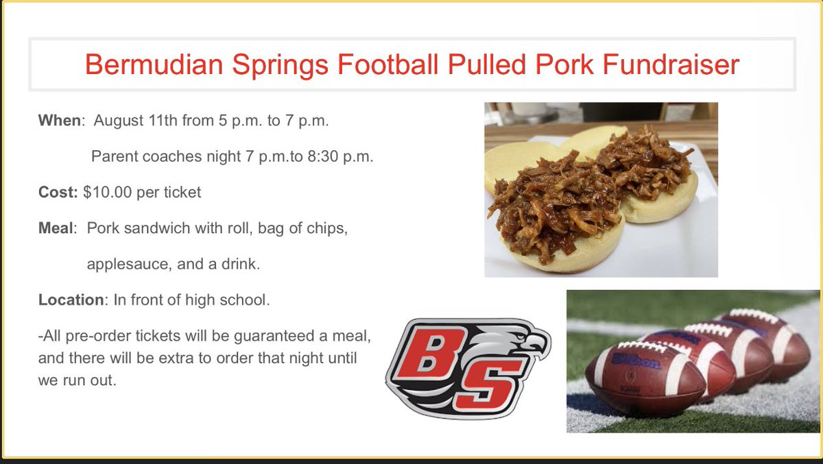 John Livelsberger (@liveljr9) on Twitter photo Bermudian Football will be holding a pulled pork sandwich sale this Thursday from 5-7 at the high school. If you would like to preorder please email at jlivelsberger@bermudian.org. Details below! Come meet the team before parent coaches night! Preorders guaranteed. Thanks! Bermudian Football will be holding a pulled pork sandwich sale this Thursday from 5-7 at the high school. If you would like to preorder please email at jlivelsberger@bermudian.org. Details below! Come meet the team before parent coaches night! Preorders guaranteed. Thanks!