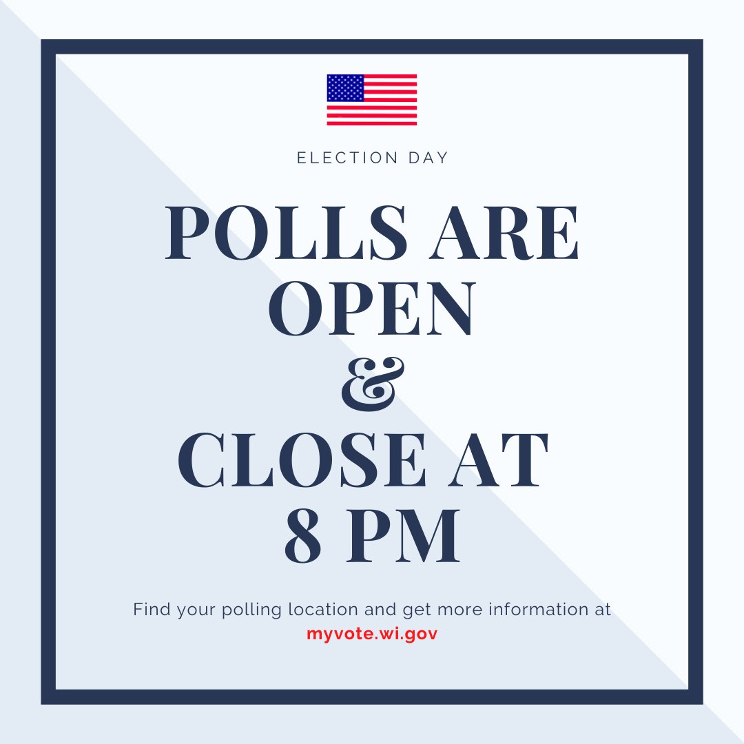 WIAssemblyGOP's tweet photo. Happy Election Day! Polls are open! Be sure to return your ballot or get to your polling location before 8:00 PM tonight. Visit https://t.co/ocu5G9hZn4 for more information. https://t.co/7VFTwSEWPg