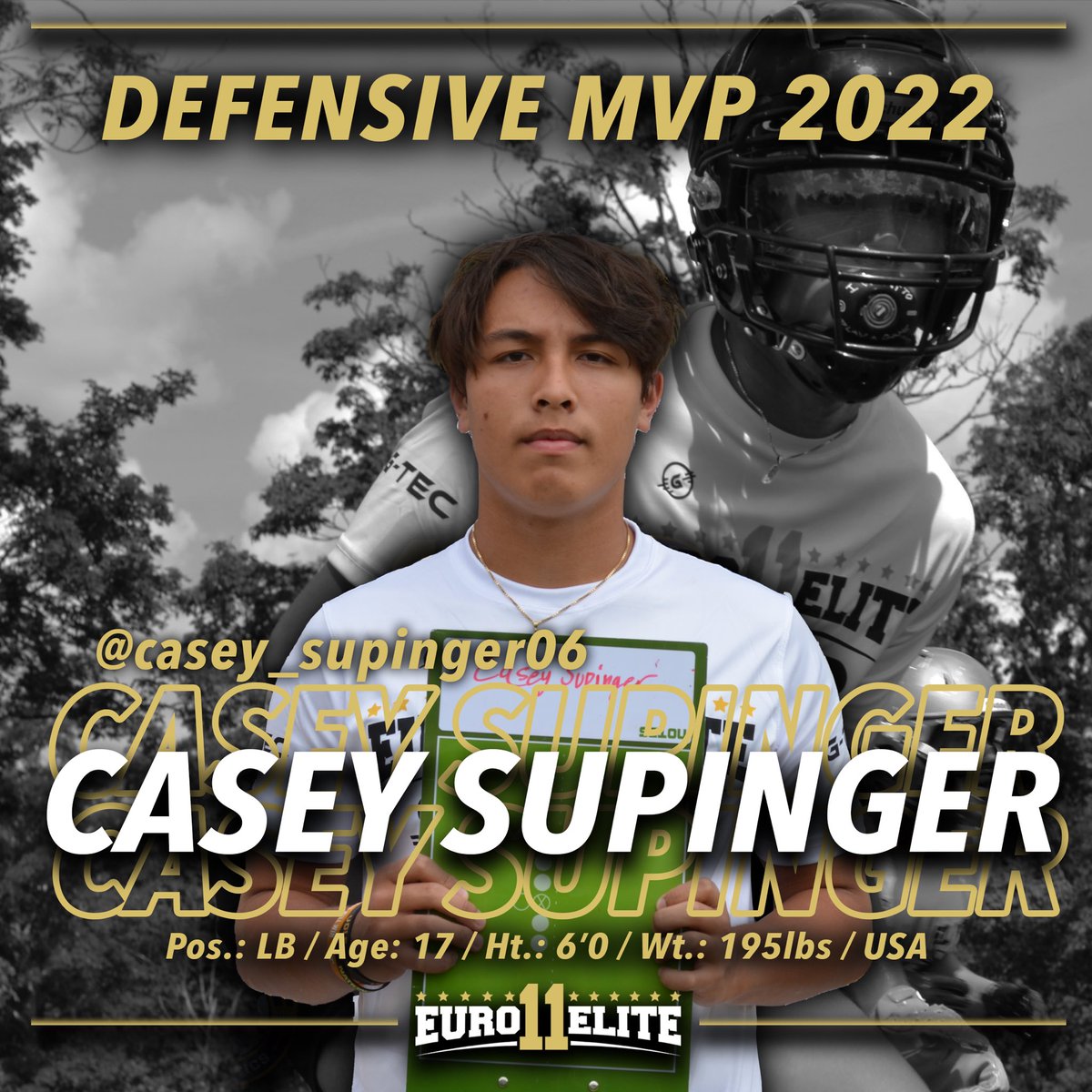 Elite11Euro's tweet photo. Congratulations to our 2022 Euro Elite 11 “Defensive MVP” winner @casey_supinger06 🇺🇸
“ Aggressive LB with a lot of pop on contact, led all LB drills. Has potential to develop into a stand out player”.
- EE11 Staff
#EE11 #EuroElite11 #ATR https://t.co/03xBZlsCUp