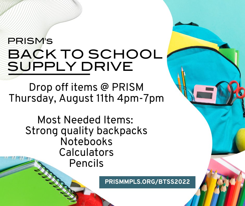 PRISMinneapolis's tweet image. PRISM URGENTLY SEEKING COMMUNITY HELP TO SUPPLY CHILDREN WITH BACK-TO-SCHOOL SUPPLIES
 For more information visit ow.ly/81iG50KfSrr
