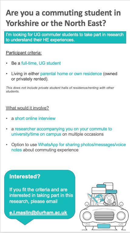 Research participants wanted 🗣️UG commuter student at a university in Yorkshire or NE? I’m looking for UG commuter students to take part in research to understand their HE experiences. Email me at e.l.maslin@durham.ac.uk if you're interested 🚗🚌🚆#commuterstudent