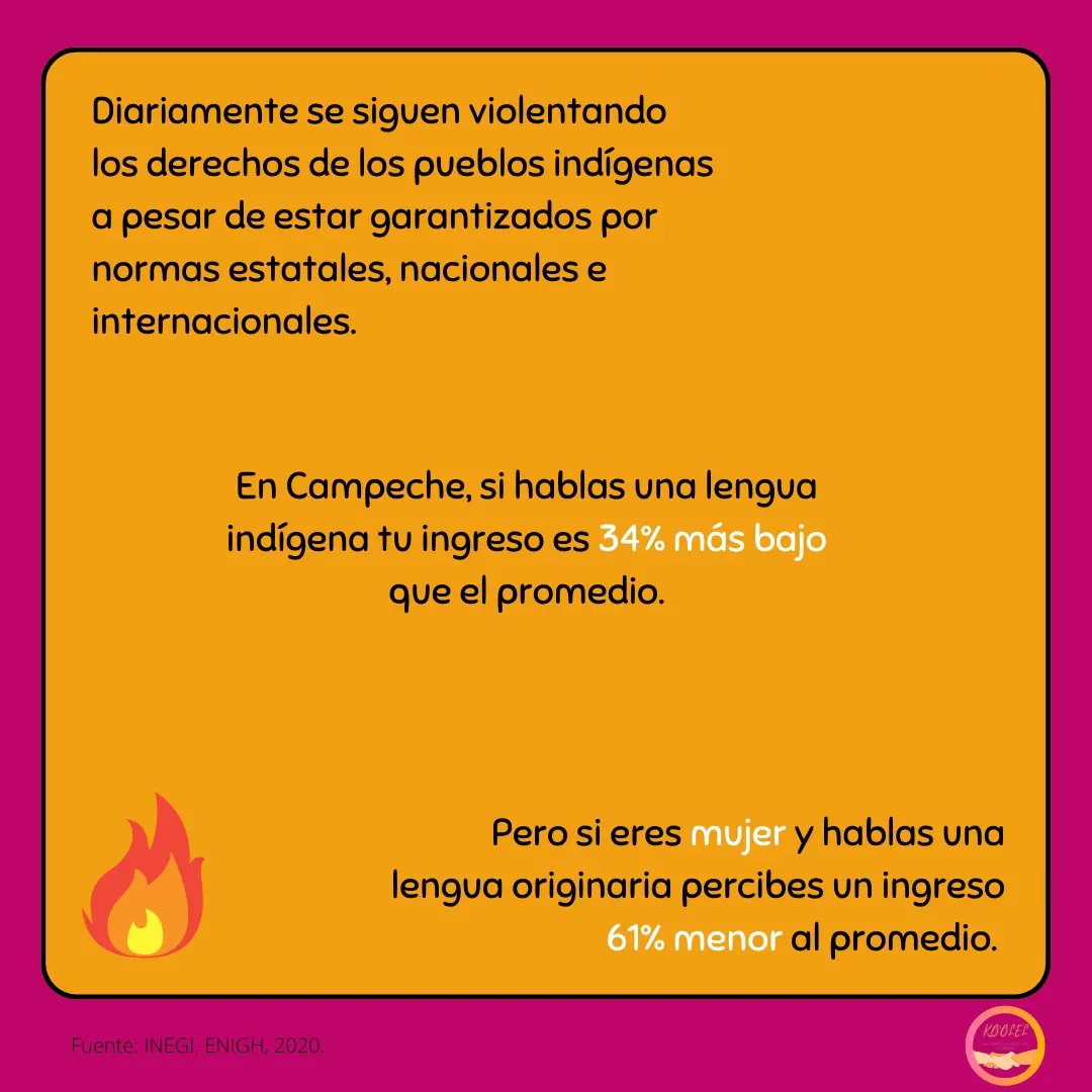 🟡 En el #díainternacionaldelospueblosindígenas recordemos que los pueblos originarios diariamente enfrentan violaciones a sus derechos.

🟠 A pesar de esto hemos resistido y seguiremos alzando la voz "HASTA QUE LA DIGNIDAD SE HAGA COSTUMBRE"🔥🔥

#Campeche #mujeresindígenas