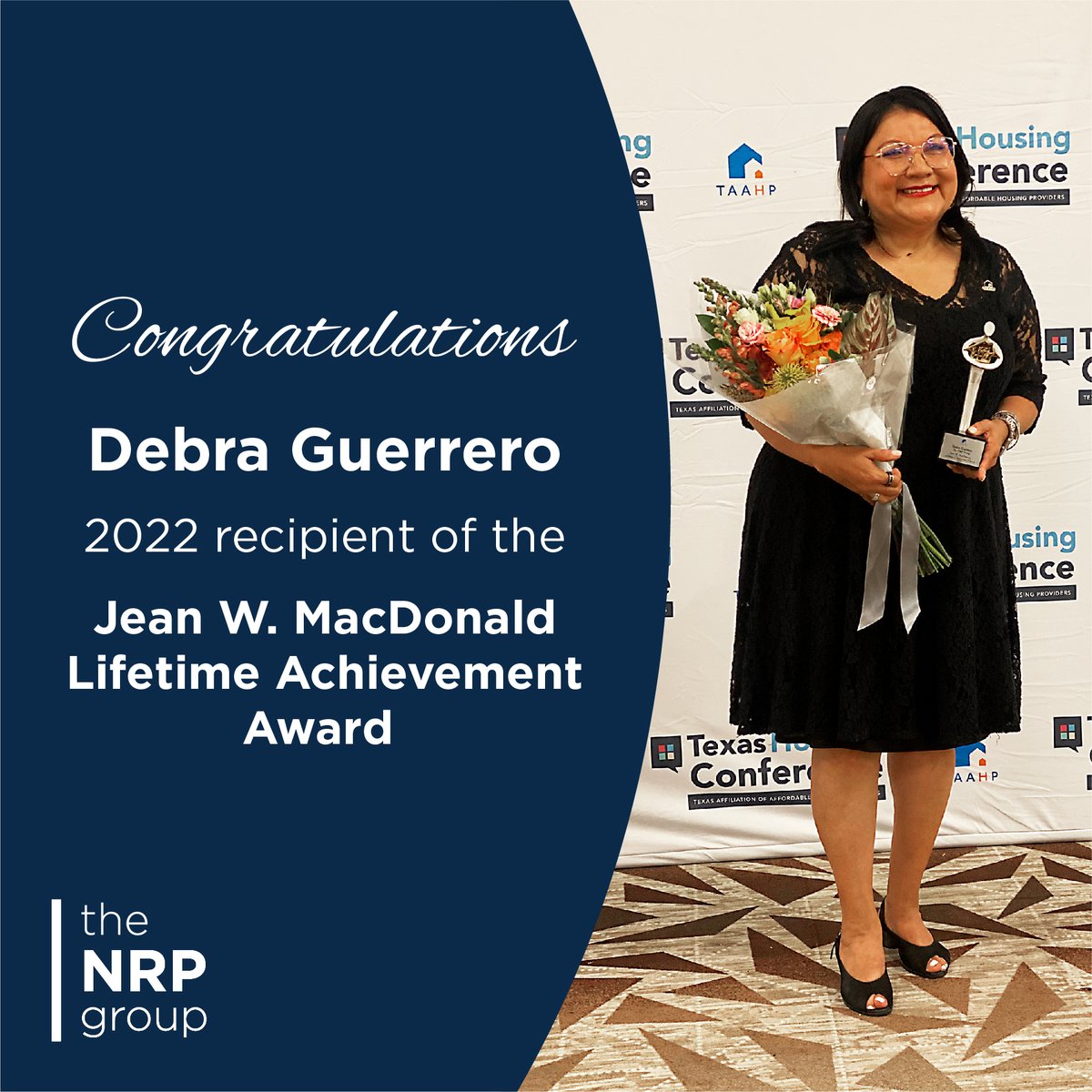 NRPGroup's tweet photo. Congratulations to SVP of Strategic Partnerships &amp; Government Affairs, Debra Guerrero! She received the prestigious 2022 Jean W. MacDonald Lifetime Achievement Award for her commitment to affordable housing in Texas from @TAAHPTX.
#affordablehousing #leadershipdevelopment #texas https://t.co/shiQkzTQyJ