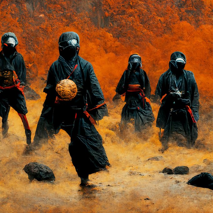 #midjourney 

お題:火山地帯で襲ってくる
   サッカー忍者軍団 