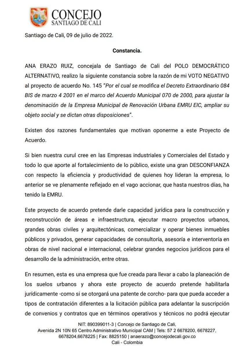 AnaErazoR's tweet photo. ATENCIÓN🔍|La responsabilidad con #CALI es votar negativo a proyectos lesivos e inconvenientes. Hoy le decimos NO  al proyecto 145 que pretendía modificar el objeto social de la #EMRU, una empresa con manejos que no han sido eficientes antes y ahora, no lo será con más funciones. https://t.co/mEI0A47mYC
