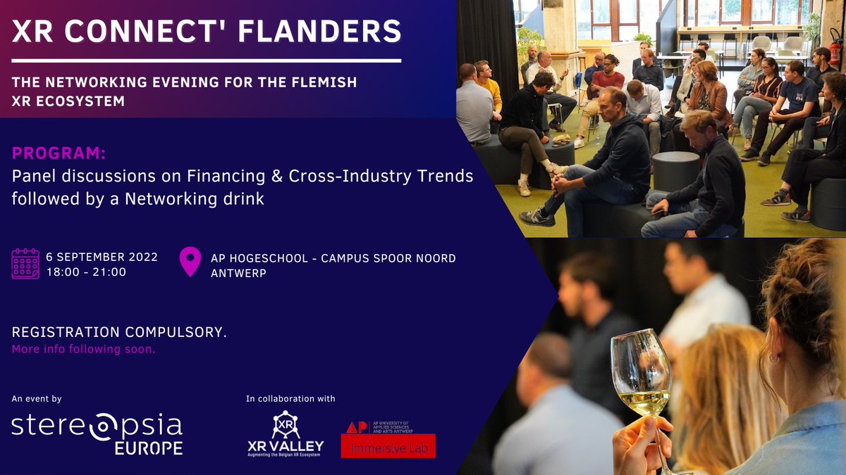 Stereopsia's tweet photo. 📅 Save the date! #StereopsiaEUROPE organizes this year in collaboration with XR Valley and the #ImmersiveLab (AP Hogeschool Antwerpen) the first edition of XR Connect' Vlaanderen, the Networking evening for the Flemish XR ecosystem.
More info and registration form coming soon. https://t.co/eN7sDakHmm