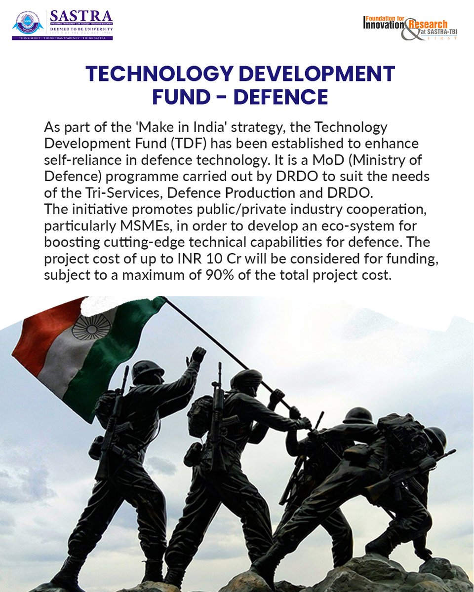 Sastratbi's tweet photo. #SchemeUp

This scheme fund is to promote cutting-edge defence technologies to improve self-reliance.

Click the link to know more and apply: https://t.co/dbOfKL8i5g

#sastrauniversity #incubator #startupclub #businessidea  #indiangovernment #indianschemes #funding #funds https://t.co/DXvtZKxvIA