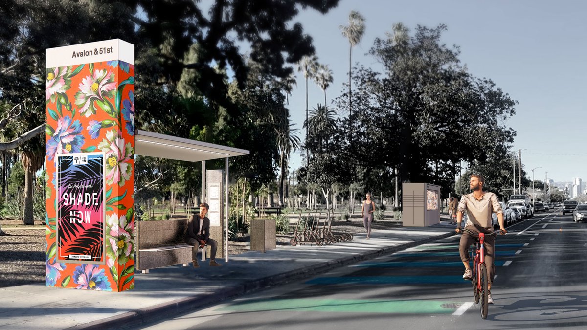 TranzitoVector's tweet photo. TranzitoVector is here to ensure that upgraded features and amenities are installed with every new Bus Shelter to serve the LA bus riders. The community deserves shelter, shade, safety, and comfort, now. #ShadeNOW https://t.co/CaQM9yQliI