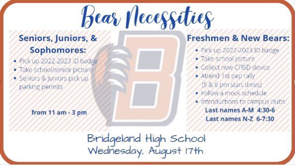 BHSVIPS's tweet photo. Bear Necessities next Wednesday. VIPS will be there if you would like to sign up for volunteer opportunities for the 2022/2023 school year #bridgelandbest https://t.co/W5QxkMsGgB