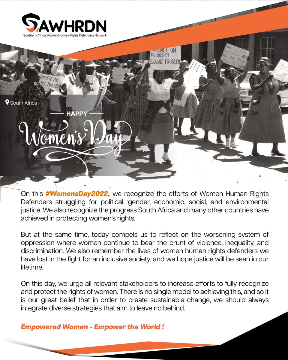 🇿🇦 This #WomensDay2022 we recognize the efforts of #WHRDs struggling for political, gender, economic, social and environmental justice under the theme “Women’s Socio-Economic Rights and Empowerment: Building Back Better for Women’s Improved Resilience”

#WomensMonth
#SupportWHRDs