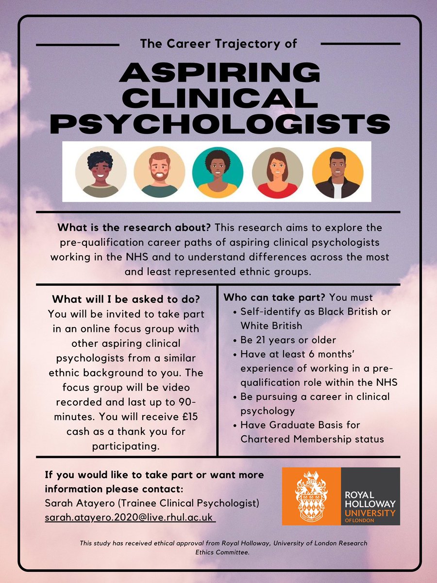 NOW RECRUITING 🚨🚨 Are you an aspiring clinical psychologist from a Black British or White British background? I’m recruiting participants for my thesis exploring experiences of prequalification roles in the NHS & how this varies by ethnicity. #dclinpsy #clinicalpsychology