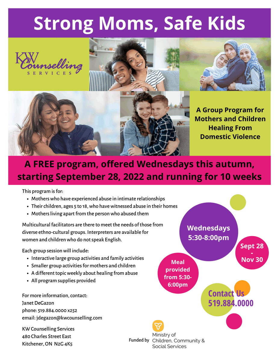 KW Counselling is offering their Strong Moms, Safe Kids group in person this winter. This group is offered at no cost to moms who have experienced abuse in intimate relationships and their children ages 5 to 18. Refer to the program by calling 519-884-0000 ext. 252.