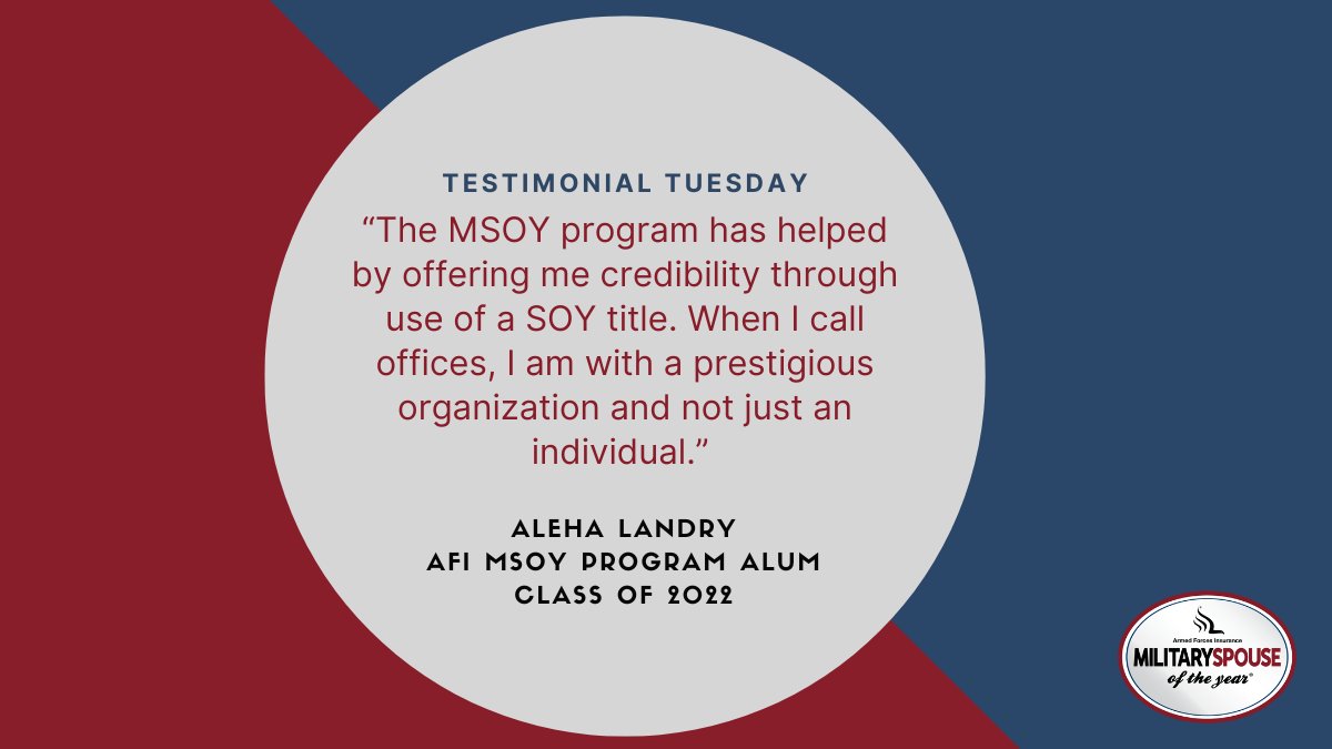 MilSpoOfTheYear's tweet photo. The AFI MSOY award recognizes military spouses’ important contributions and unwavering commitment to their communities, but it’s so much more than an award! Take a look at what our AFI MSOY Alum, Aleha Landry, has to say. #AFIMSOYFamily #MSOY22 https://t.co/edeRpW80Nq