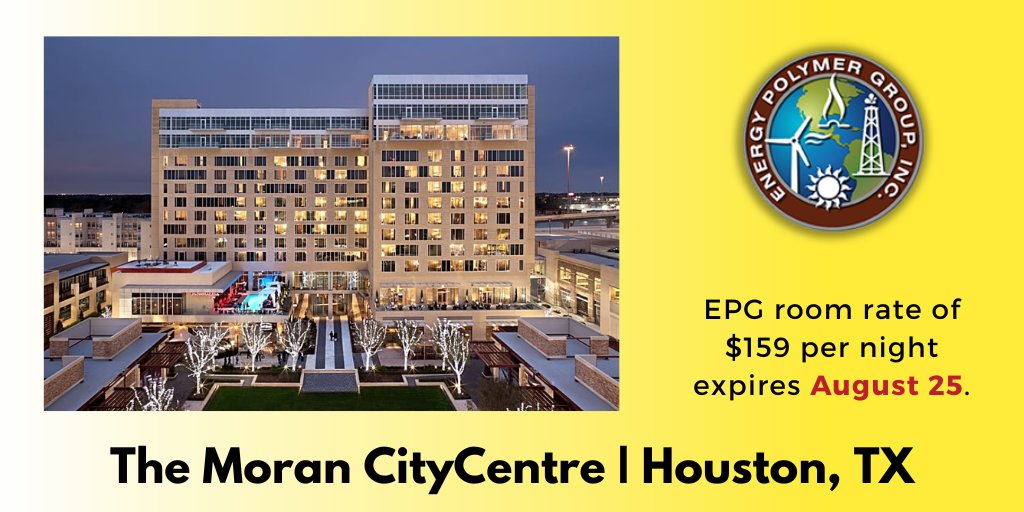 EnergyPolymer's tweet photo. Make your hotel reservations today for the EPG Educational Symposium (9/13 & 9/14) and Fall Technical Meeting (9/15)!
EPG Rate $159 per night expires on 8/25/22.
The Moran CityCentre: https://t.co/bkqDYm3Eq4 or call 713.973.1600
#energypolymergroup #TheMoran https://t.co/fk3qW23rjB
