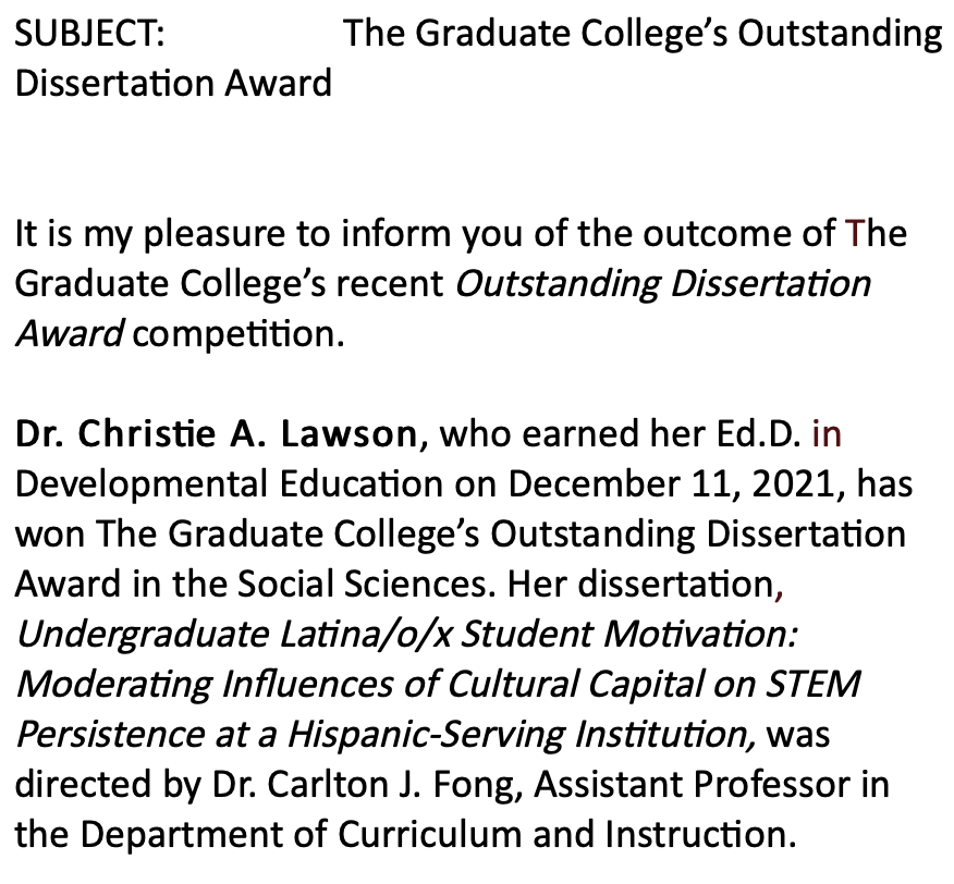 carlton_fong's tweet photo. So incredibly proud that Dr. @c_lawson71 won the @TXSTGradCollege @txst Outstanding Dissertation Award!!! 🤩🎉👏 A special thanks to her dissertation committee: Dr. Acee, Dr. @ErinDoran_EdD, and Dr. @EricJPaulson! Be on the lookout for her work on #SEVT #CulturalCapital #HSI https://t.co/0rCjojjHRl