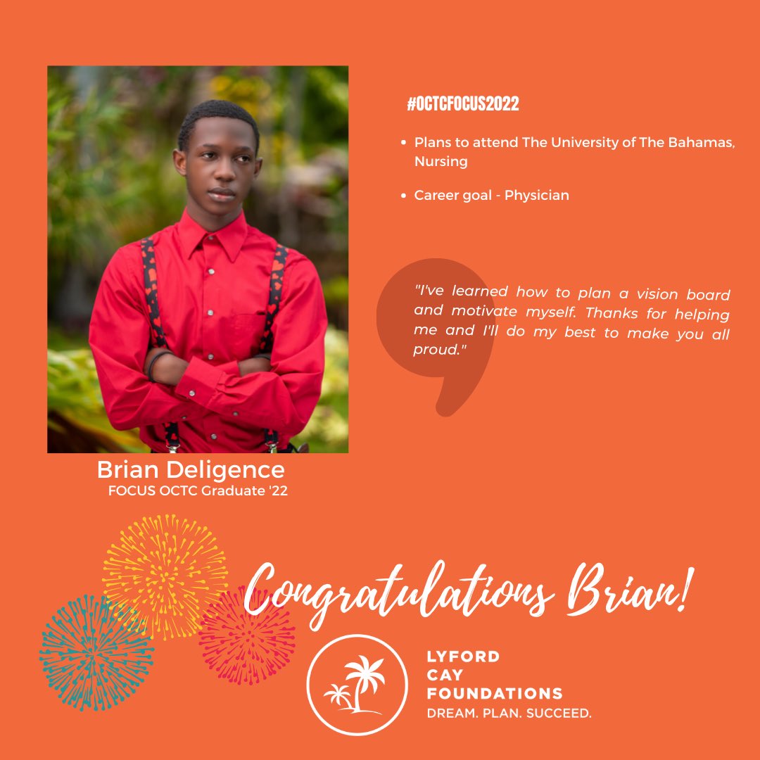 A big Congratulations to #FOCUS Class of 2022 graduate Brian Deligence. Brian plans to attend the University of The Bahamas to study nursing. His career goal is to be a physician. 

#dreamplansucceed #education #OCTCFOCUS2022