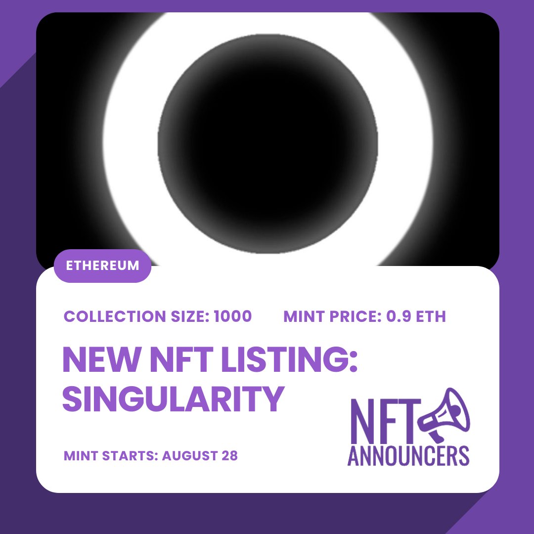 📢 Singularity has been listed!
⚡️ <a href="/TheForeverWar/">이 세상 어디에도 없는 곳</a>
📅 #NFTMINT August 28
💰 0.09 #ETH   
🔗 nftannouncers.com/event/singular…

#NFT #NFTs #NFTdrop #NFTdrops #NFTCommuniy