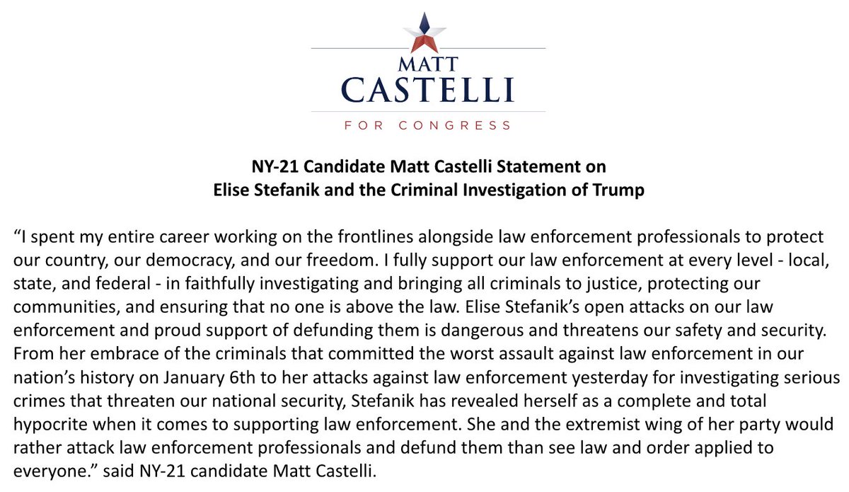 Elise Stefanik must be nervous watching her career go down the toilet. Stefanik and the extremist wing of her party would rather attack law enforcement and defund them than see law and order applied to everyone. My statement on her response to the FBI raid of Mar-a-Lago: