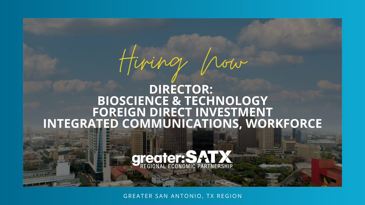 We are #Hiring: The greater:SATX Brand &amp; Communications team and Business Development team is looking to fill 3 positions to continue their mission of adding high quality jobs in the Greater SATX region.  

Visit bit.ly/3KSzXWK to learn more.